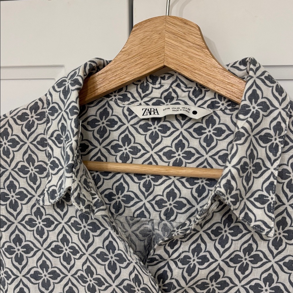 ZARA 100% Linen Collared Button Down Shirt 3/4 Sleeves - XL